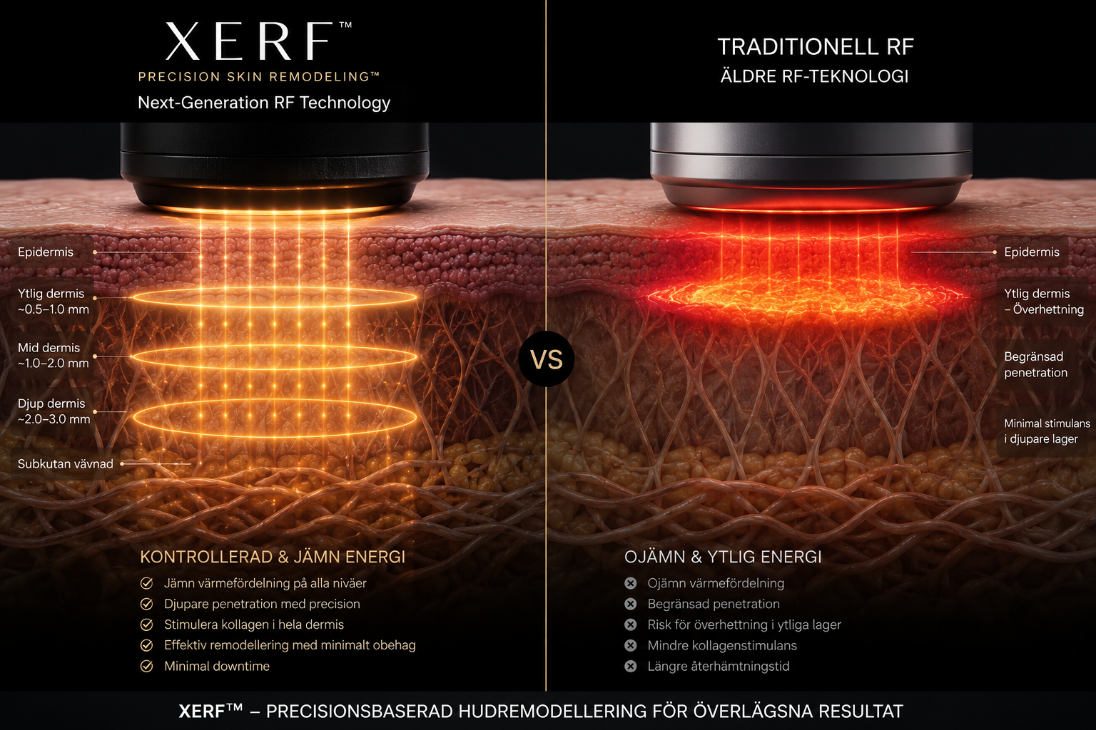 Comparison image illustrating the difference between modern XERF radiofrequency technology and traditional RF treatments. One side demonstrates smoother, deeper, and more controlled skin tightening with XERF™, while the other shows a more superficial and less precise heat distribution from older RF systems.