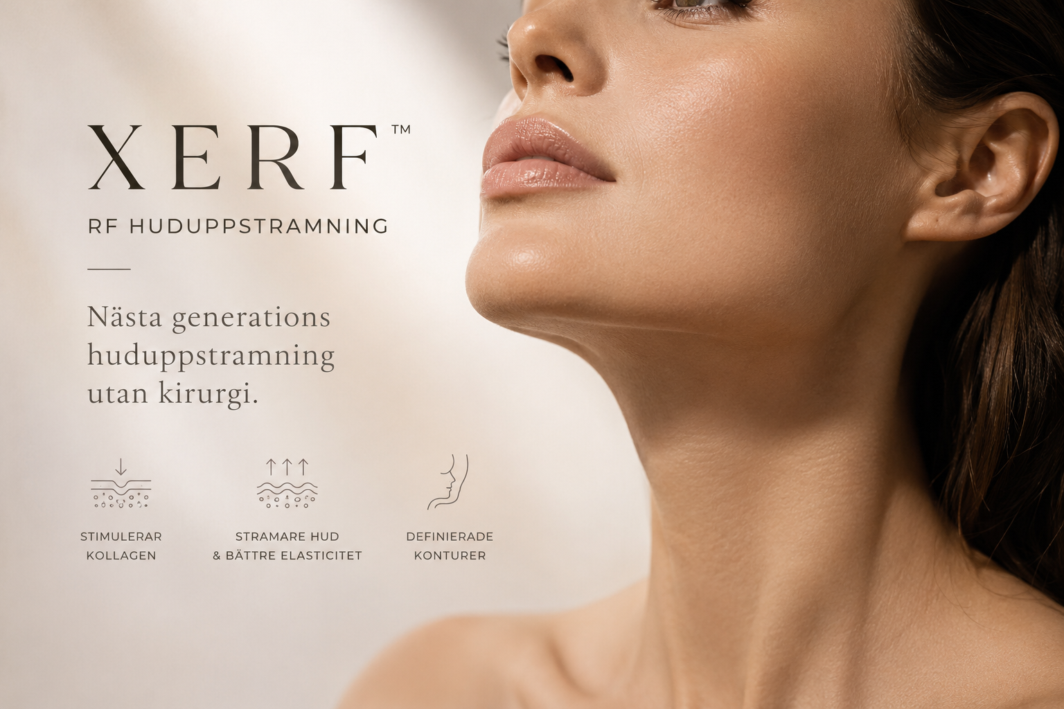 Woman with a defined jawline featured in an informational graphic illustrating XERF™ RF skin tightening, with a focus on collagen stimulation, firmer skin, and improved elasticity.