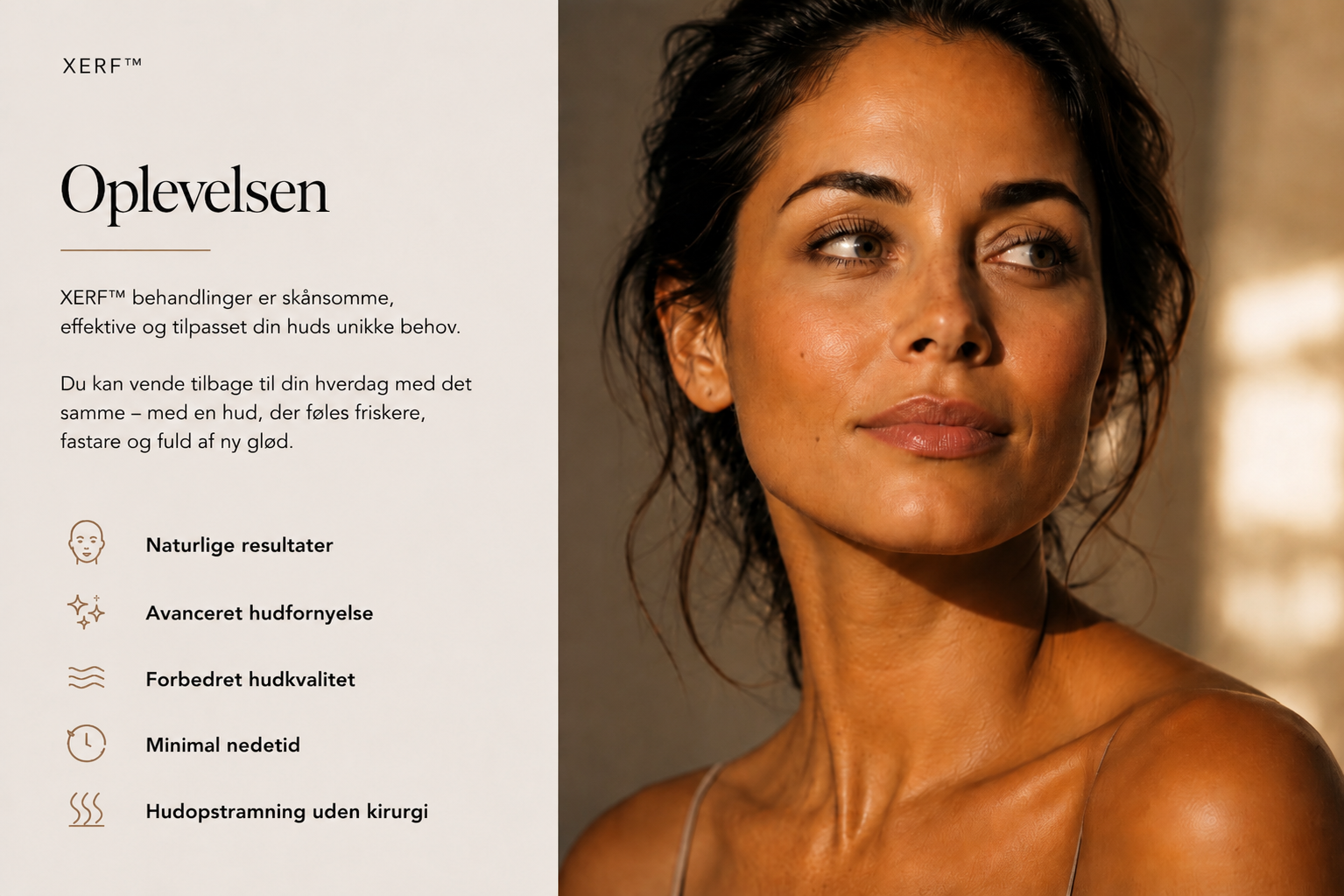 Kvinde med sund, strålende hud efter XERF™ RF hudopstramning. Informationsgrafikken beskriver behandlingsoplevelsen med fokus på naturlige resultater, forbedret hudkvalitet, hudopstramning uden kirurgi og minimal nedetid. Illustrationen fremhæver moderne radiofrekvensteknologi, der understøtter hudens naturlige regenerering og forbedrer fasthed, elasticitet og glød med en skånsom og effektiv behandling.