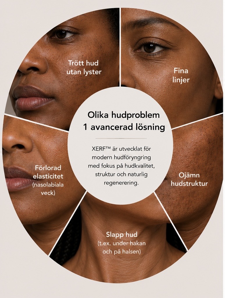 Detaljerad illustration som visar olika hudproblem hos personer med mörkare hudtoner, inklusive ojämn hudton med pigmentering och mörka fläckar, fina linjer runt ögonen, ojämn hudstruktur med akneärr och förstorade porer, förlorad elasticitet med nasolabiala veck samt slapp hud under hakan och på halsen. I mitten av cirkeln visas XERF™ som en avancerad lösning för modern hudföryngring med fokus på hudkvalitet, struktur och naturlig regenerering.