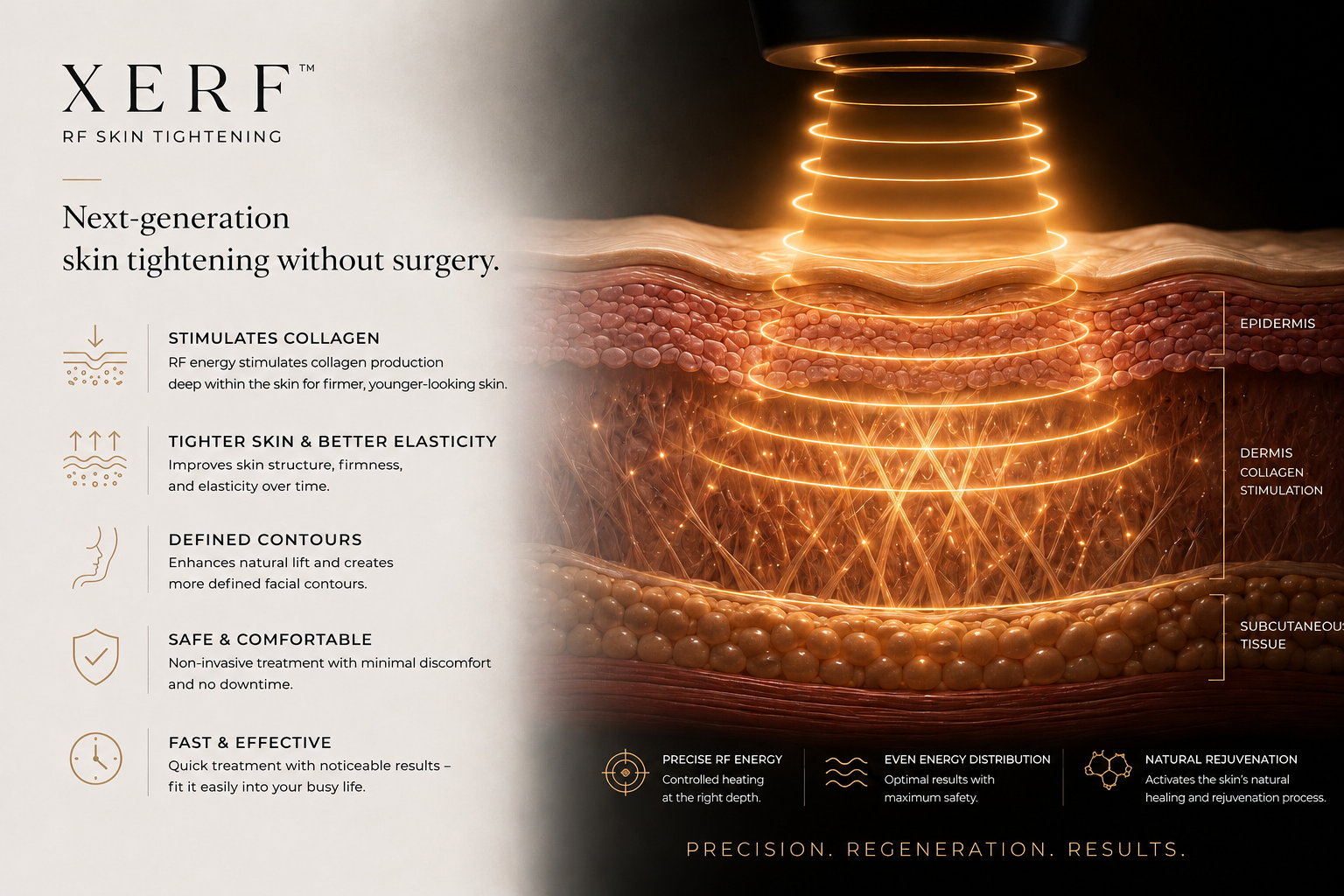 Informational graphic illustrating how XERF™ RF technology works at multiple depths within the skin to stimulate collagen production, improve skin firmness and elasticity, enhance facial contours, and support natural skin tightening with minimal downtime.